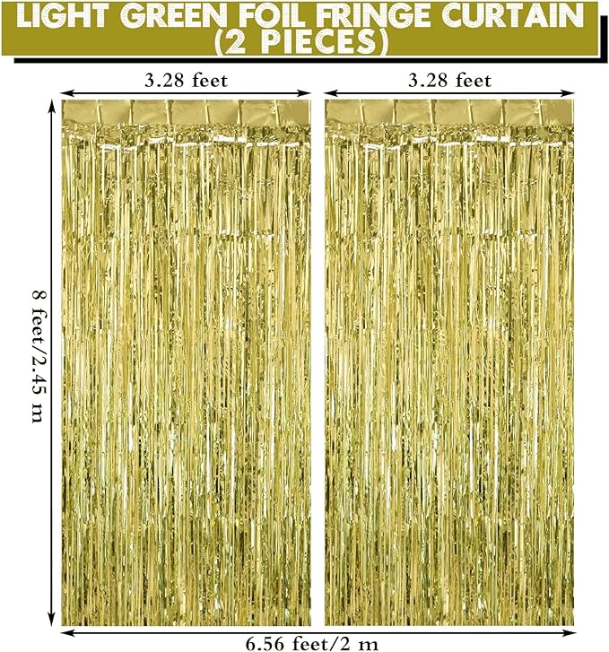 2 Pack Light Green Fringe Curtains Foil Shiny Fringe Backdrop Tinsel Door - Image 2
