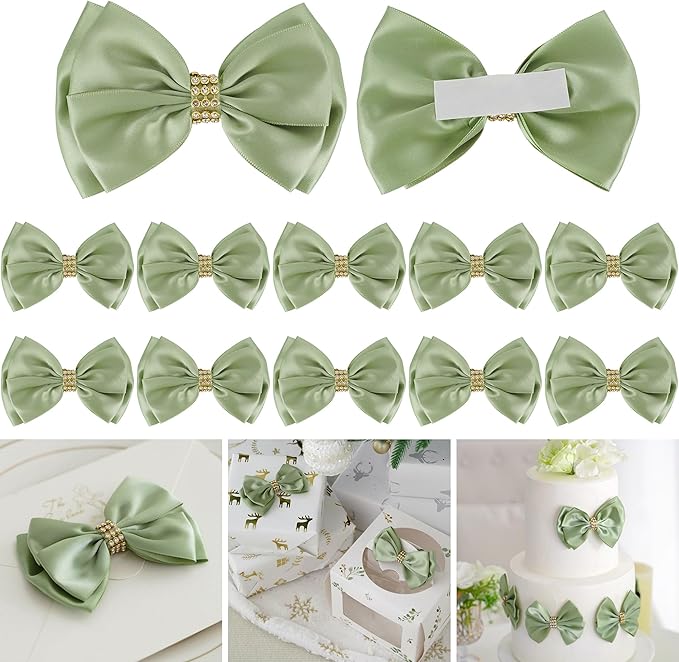 Sage Green Bows 4'' Premade Satin Ribbon Bow, Gift Bows by LiBongTa