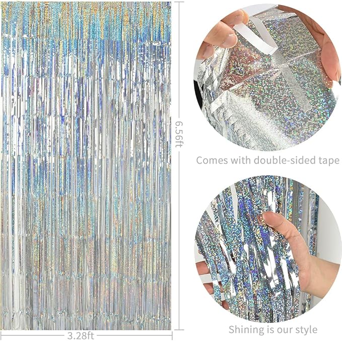 TONIFUL 3Pcs Laser Silver Door Streamers, Laser Silver Photo Booth Backdrop - Image 2
