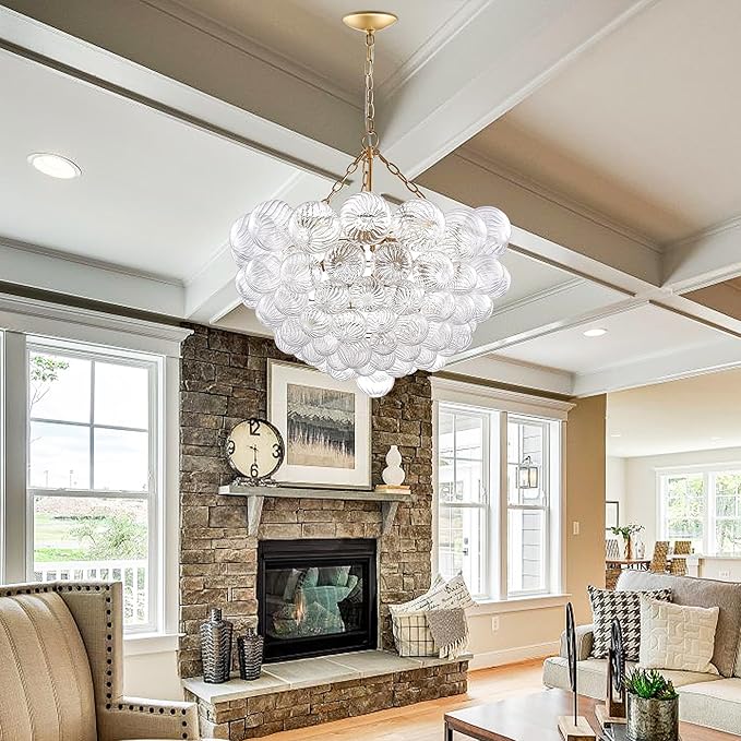 Nordic Bubble Ball Swirled Glass Chandelier, Diam 31" Gild Gold and Clear - Image 3
