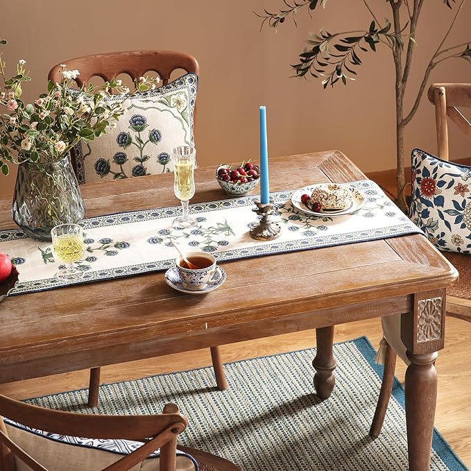 patdrea Designer Blue Rustic Elegant Floral Patterned Linen Table Runner 87 - Image 6