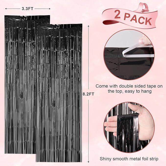 2 Pack Laser Black Foil Fringe Backdrop Curtains, Tinsel Streamers Birthday - Image 3