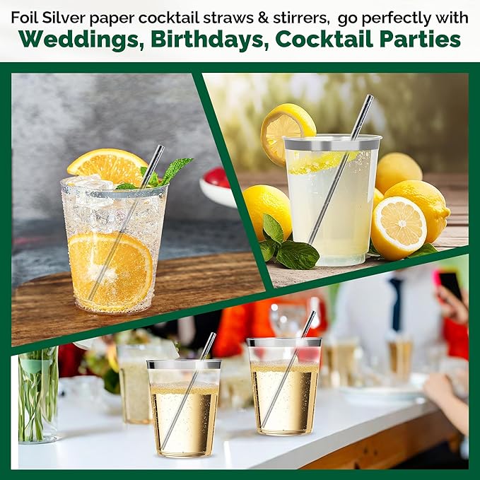Chunsapk 5.75 inch Disposable Short Silver Paper Cocktail Straws, Stirring - Image 4