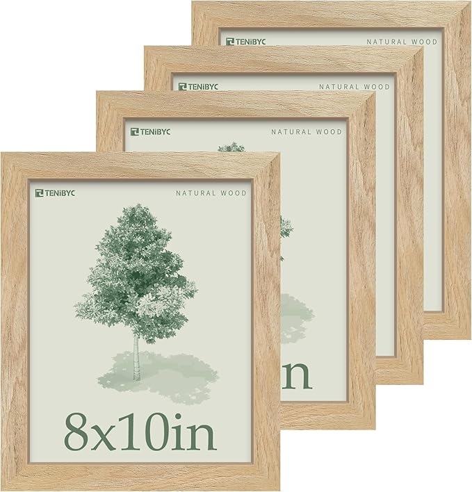 8x10 Picture Frame 4 Pack, Textured Natural Wood, HD Tempered Glass, Gallery by TENiBYC
