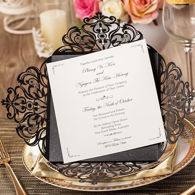 Hosmsua 50PCS Personalized Black Laser Cut Hollow Lace Rose Invitation Cards - Image 4