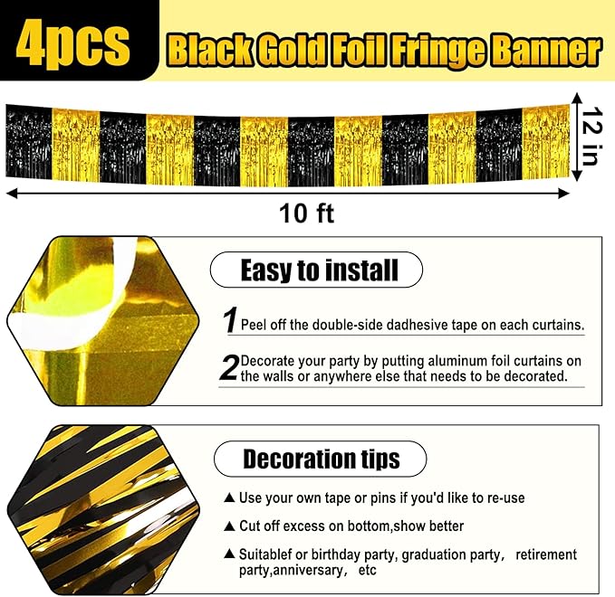 4 Pack 10 Feet Black Gold Foil Fringe Garland Metallic Tinsel Streamers Banner - Image 2