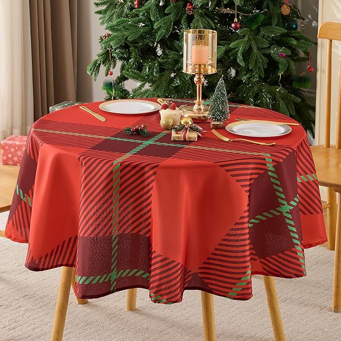 Christmas Tablecloth Round 60 Inch Waterproof, Machine Washable Checkered by AOCOZHomeLifeMuseum