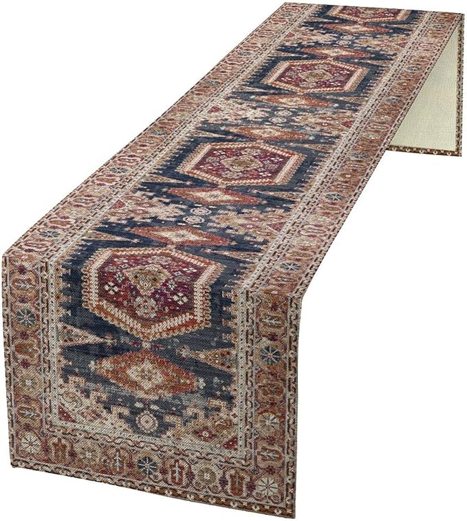 Vintage Boho Table Runner, Flower Geometric Design Rustic Farmhouse Table Runner by Unknown