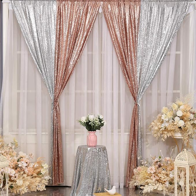 Poise3EHome 2Pcs 3Ft x 8Ft Silver Sequin Backdrop Curtain, Glitter Photography - Image 4