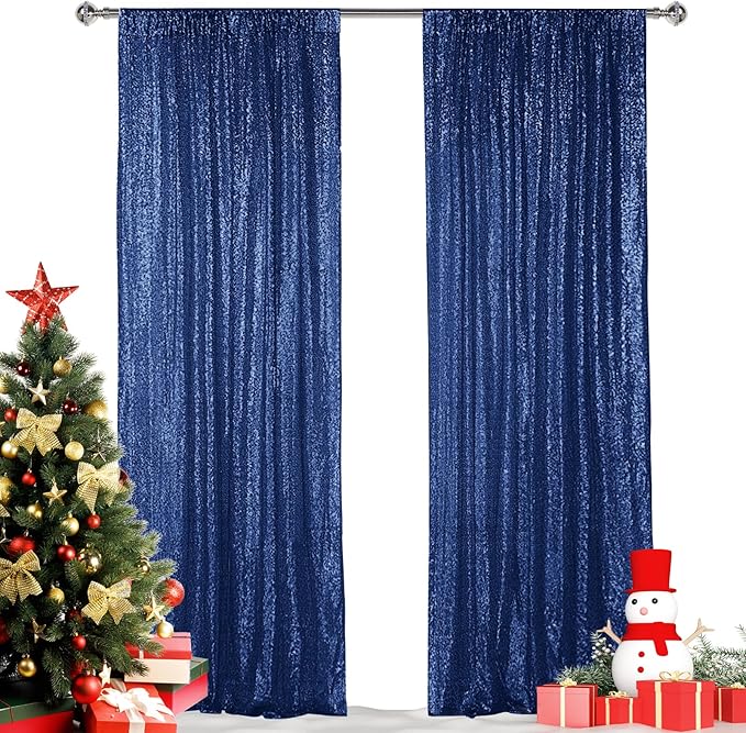 Hahuho Navy Sequin Backdrop Curtain, Party Decoration（2 Panels, 2FT x 8FT by Hahuho