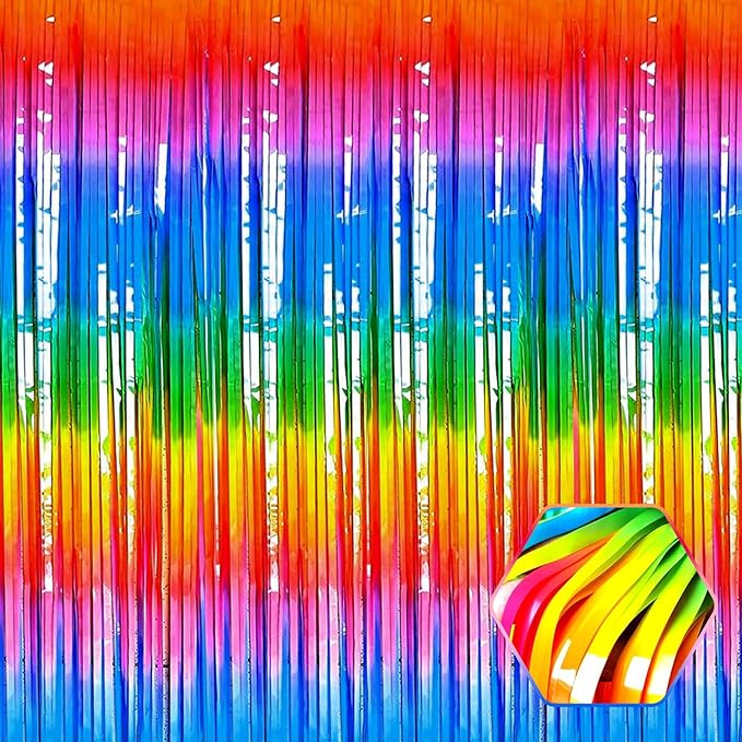 3 Pack Rainbow Foil Fringe Curtain Backdrop, 3.28Ft x 8.2Ft Metallic Tinsel by Ferwzsr