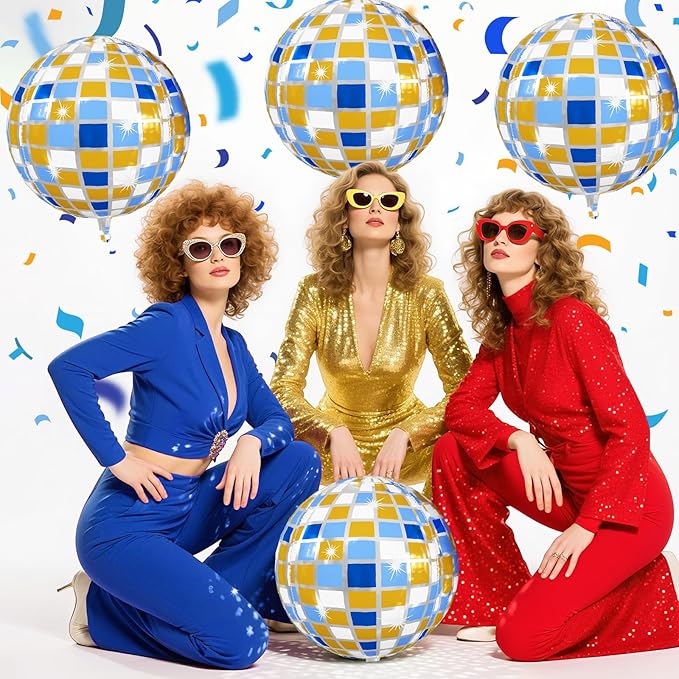 Disco Ball Balloons Blue Gold 4PC, Foil Disco Balloons 22 Inch 4D Round Blue - Image 5