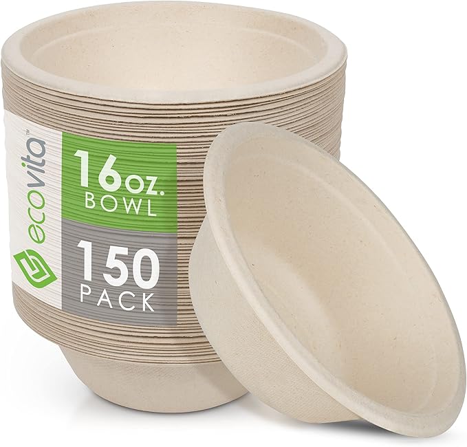 Ecovita 100% Compostable Paper Bowls – 150 Disposable Bowls Eco Friendly Sturdy by Ecovita