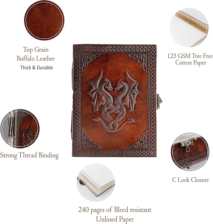 Handmade Leather Double Dragon Journal | Writing Notebook Diary | Bound Daily - Image 4