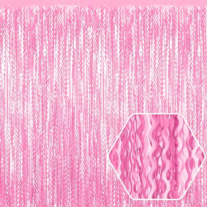 4 Pack Macaron Pink Wave Foil Fringe Curtain Backdrop, 3.28Ft x 8.2Ft Metallic by Ferwzsr