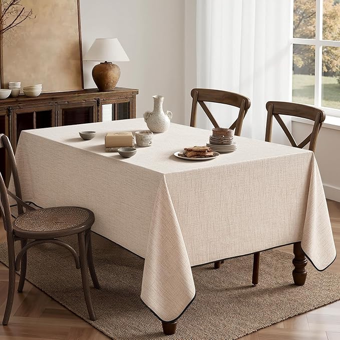 MIULEE Ivory-Black Linen Tablecloth 60x84 Inch Rectangle Table Cloth Waterproof - Image 6