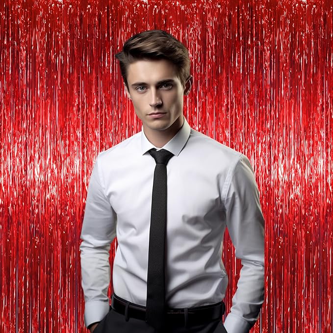 3 Pack 3.3 x 6.6 ft Red Foil Fringe Backdrop Curtains, Tinsel Streamers Party - Image 8