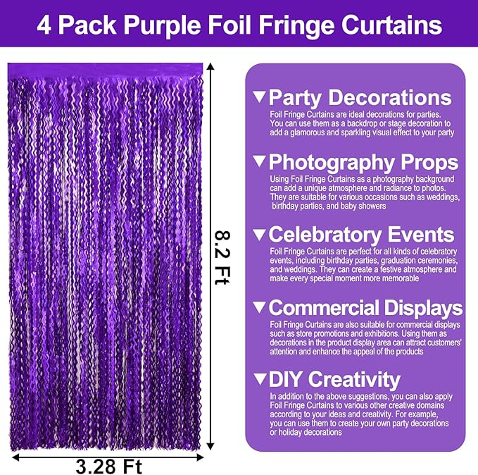 4 Pack Purple Wave Foil Fringe Curtain Backdrop, 3.28Ft x 8.2Ft Metallic Tinsel - Image 2