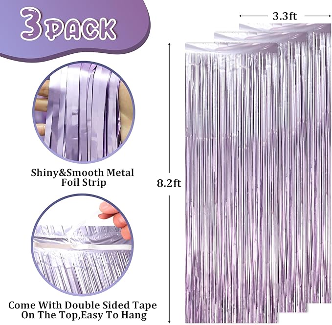 3 Pack 3.3 x 8.2 ft Light Purple Foil Fringe Backdrop Curtains, Tinsel - Image 2