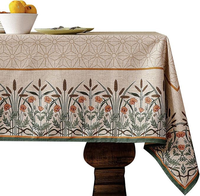 patdrea Designer French Light Brown Long Rectangle Table Cloth, Linen Floral by Welcometopatdrea