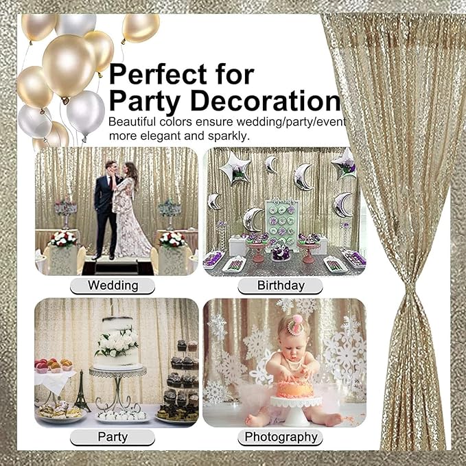 Champagne Gold Sequin Backdrop Curtains 8FTx8FT 1 Panel Sparkly Background - Image 3