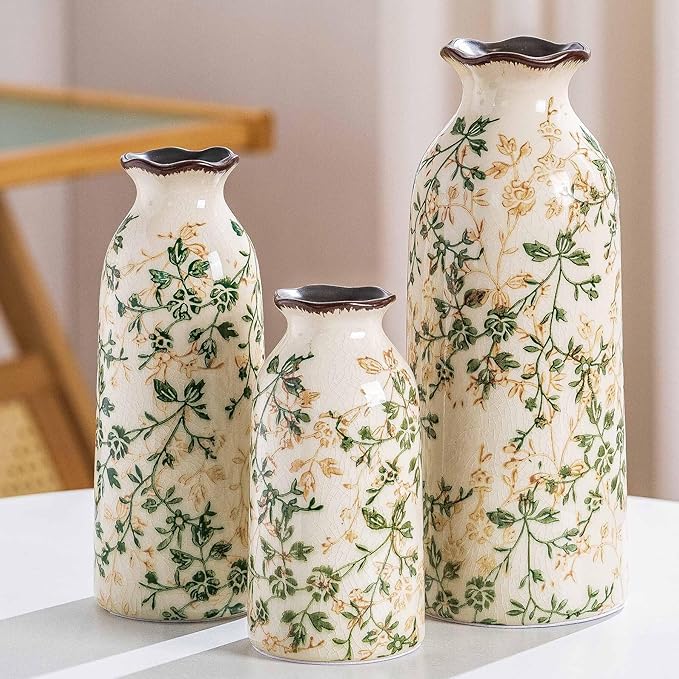 Ceramic Vase Set of 3, Vintage Green and Beige Vases Set, Flower Rustic by SUREYUESI