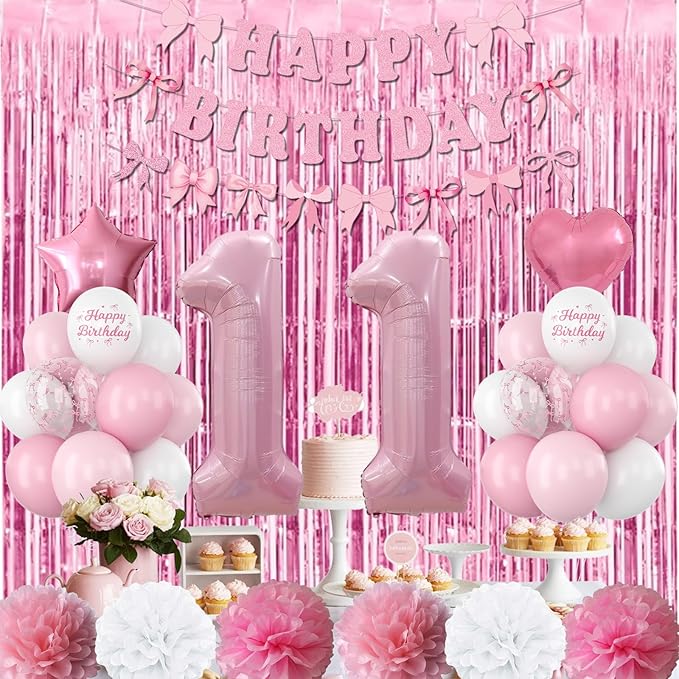 11th Birthday Decorations for Girls Pink Number 11 Balloon Bow Coquette Happy - Image 2