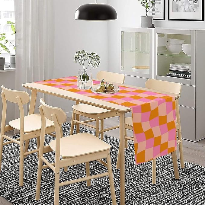 Checkered Table Runner Orange Retro 60s70s Boho Style Kitchen Restaurant - Image 4
