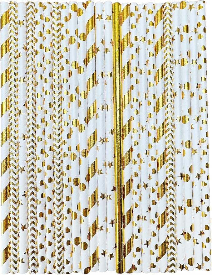 YAOSHENG Pink & Gold Paper Straws Disposable, 100% Biodegradable Multi-Pattern by YAOSHENG