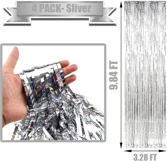 4 Pack Silver Foil Fringe Curtain Backdrop, 3.28Ft x 9.84Ft Metallic Tinsel - Image 2