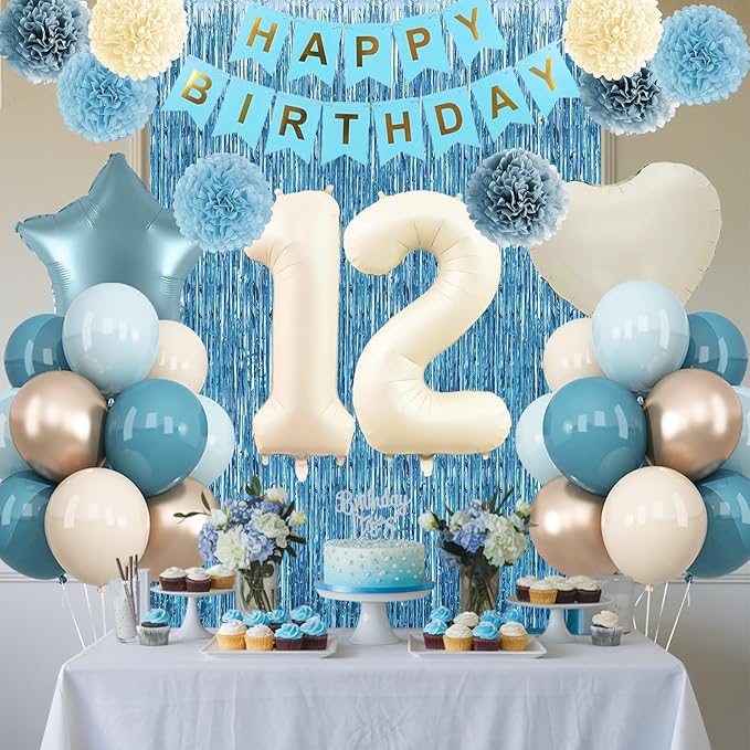 Dusty Blue 12th Birthday Party Decorations Boys Girls Beige Cream Number 12 - Image 2