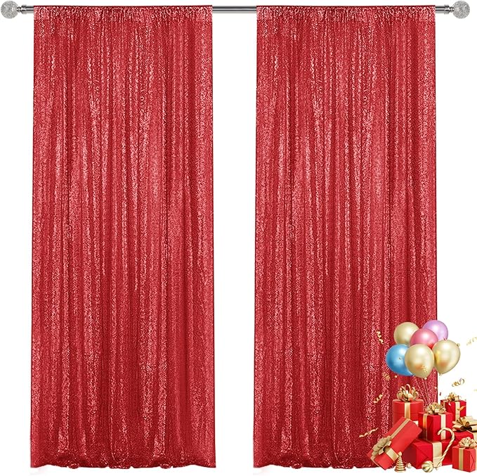 Red Sequin Backdrop Curtain 2 Pieces 2FTx8FT Glitter Photography Backdrop by Unknown