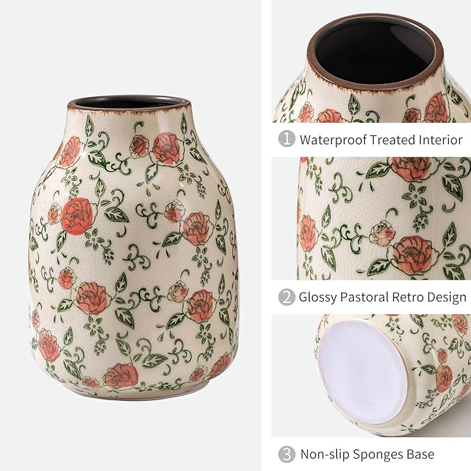 Green and Beige Vintage Round Vase, Farmhouse Antique Decorative Ceramic Flower - Image 4