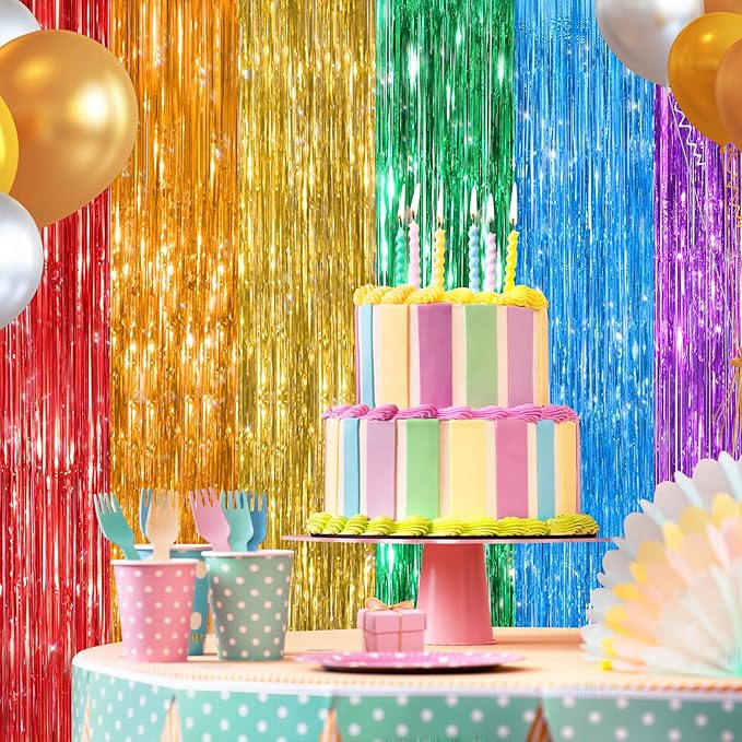2 Pack Rainbow Metallic Tinsel Foil Fringe Curtains, Door Streamers Photo Booth - Image 5