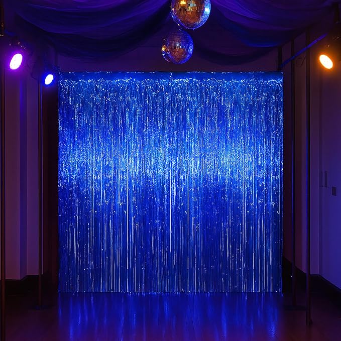 3 Pack 3.3x8.2 Feet Blue Foil Fringe Backdrop Curtains, Tinsel Streamers - Image 7
