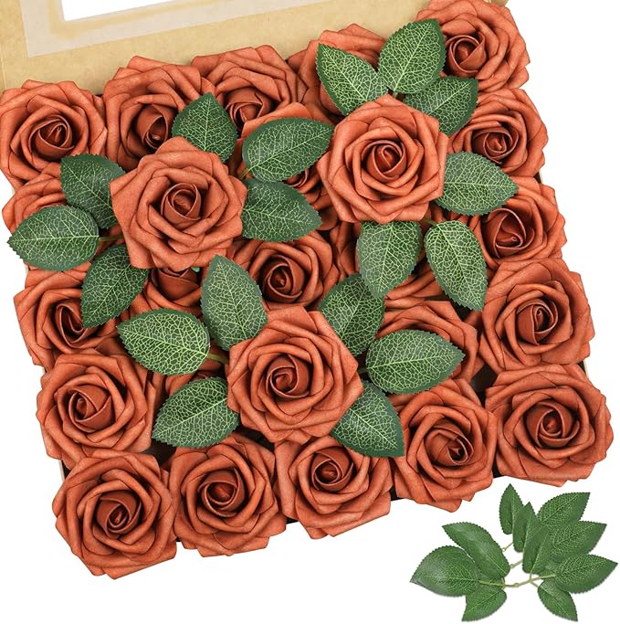 AmyHomie Artificial Flowers Burnt Orange Rose 25pcs Real Looking Fake Roses by AmyHomie