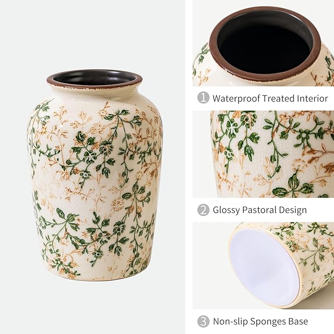 Vintage Pastoral Green and Beige Vase, Round Ceramic Floral Vases, Retro Ice - Image 4