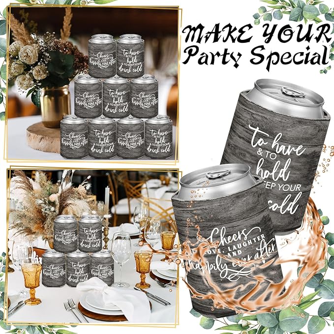 50 Pieces Wood Grain Wedding Can Cooler Sleeves Bulk Engagement Party Favors - Image 5