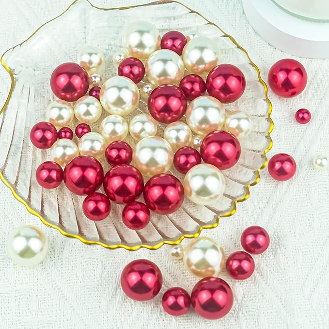 300Pcs Cream&Red Polished No Hole Faux Pearl Beads - Image 4