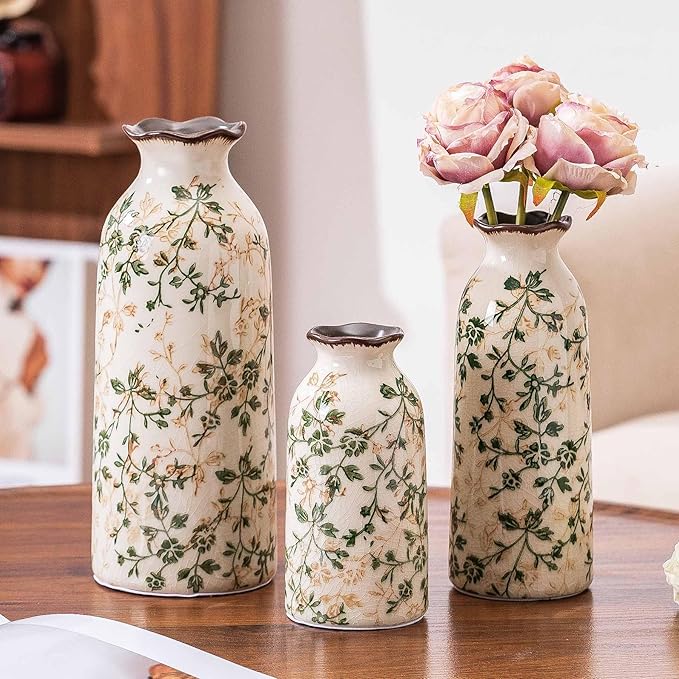 Ceramic Vase Set of 3, Vintage Green and Beige Vases Set, Flower Rustic - Image 8