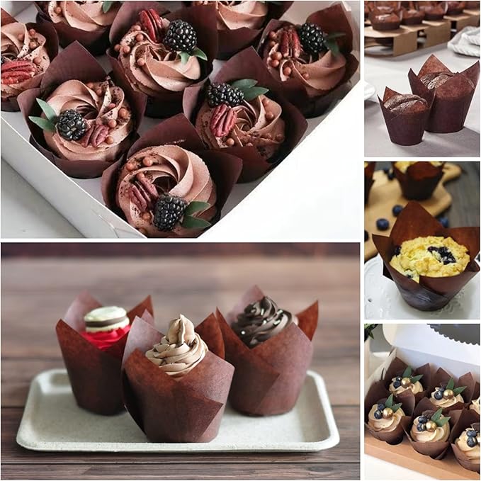 Large size Brown Tulip Baking Cups 2-1/4" x 4" Greaseproof paper baking cupcake - Image 5