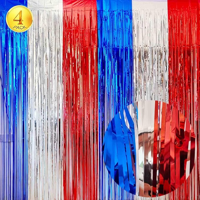 4th of July Decorations- 4 Pack of 3.2x8.2ft Red Silver Blue Tinsel Foil Fringe - Image 7