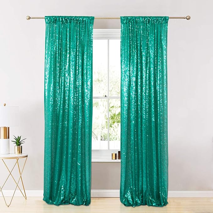 ShinyBeauty Sequin Curtain 2 Panel Set Christmas Green Glitter Background - Image 8