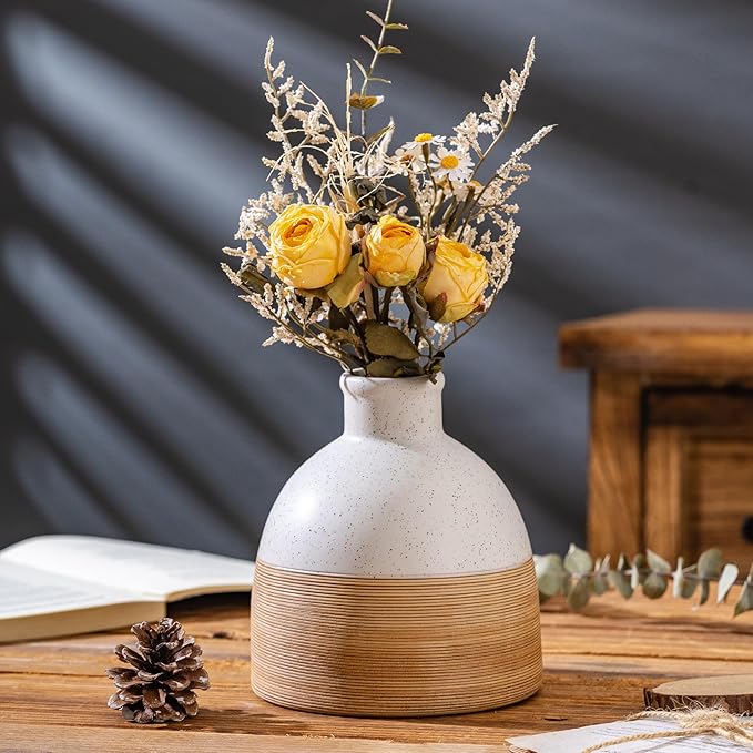 Rustic Farmhouse Flower Round Ceramic Striped Vase, Living Room, Bookshelf Decor - Image 7
