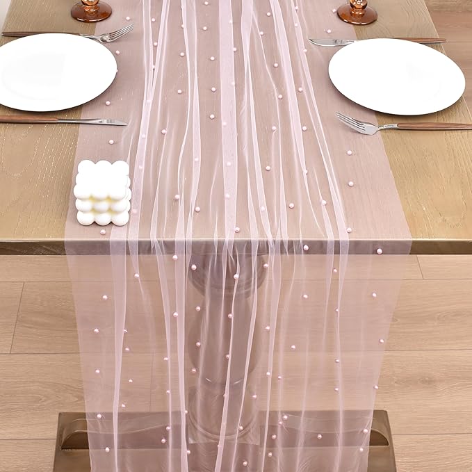 Joanlody Fall Pearl Table Runner 10ft Rustic Boho Tulle Table Runner - Image 5