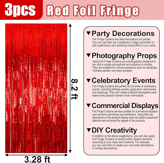 3 Pack Red Foil Fringe Curtain Backdrop, 3.28Ft x 8.2Ft Metallic Tinsel Foil - Image 2