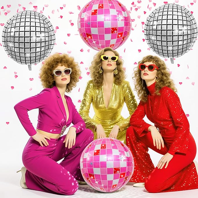 Disco Ball Balloons Pink Silver 4PC, Foil Disco Balloons 22 Inch 4D Round Pink - Image 5