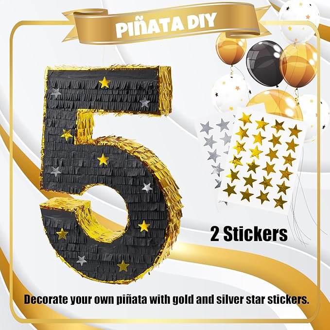 PCFING 20 Inch Number 5 Piñata Gold Black - Image 3