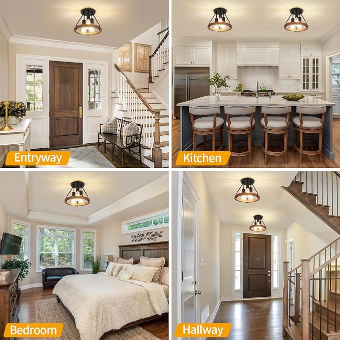 Modern Farmhouse Wood Semi Flush Mount Ceiling Light, Hallway Entryway Light - Image 6