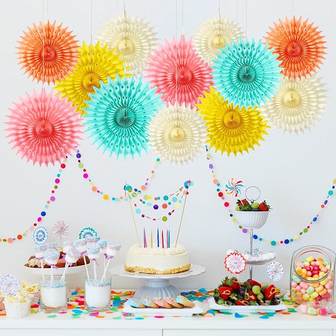 12PCS Paper Fans Colorful Rainbow Pastel Party Decorations Tissue Paper Flowers - Image 2